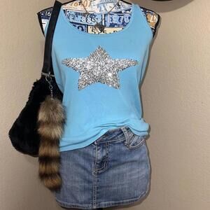 Y2K blue ribbed tank top with beaded embroidered silver sequins